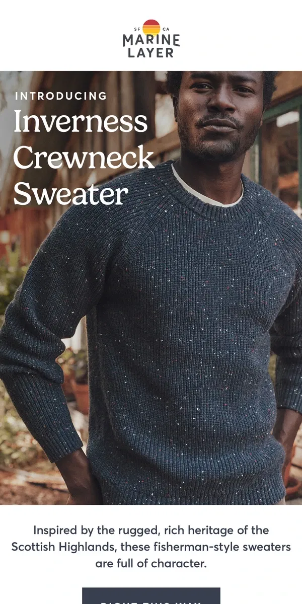 Email from Marine Layer. Introducing: The Inverness Crewneck 🌊