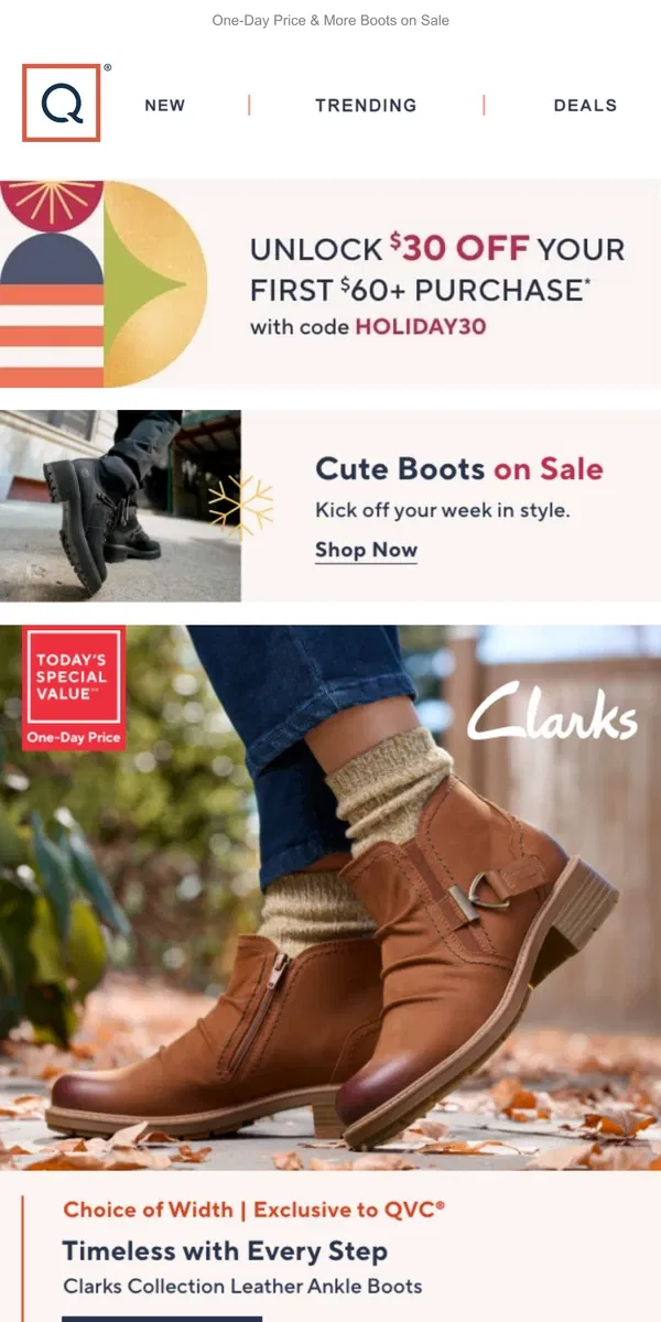 Email from QVC. Clarks TSV® + Get $30 Off