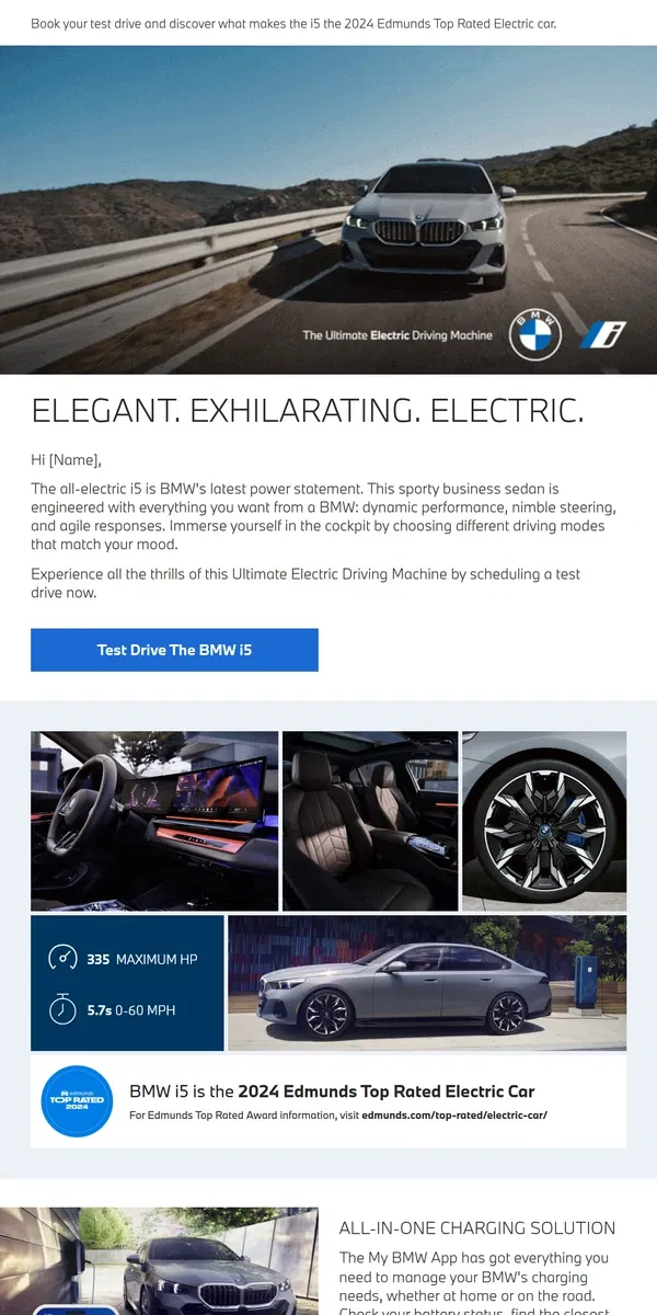 Email from BMW. [Name], test drive the exhilarating power of the all-electric BMW i5