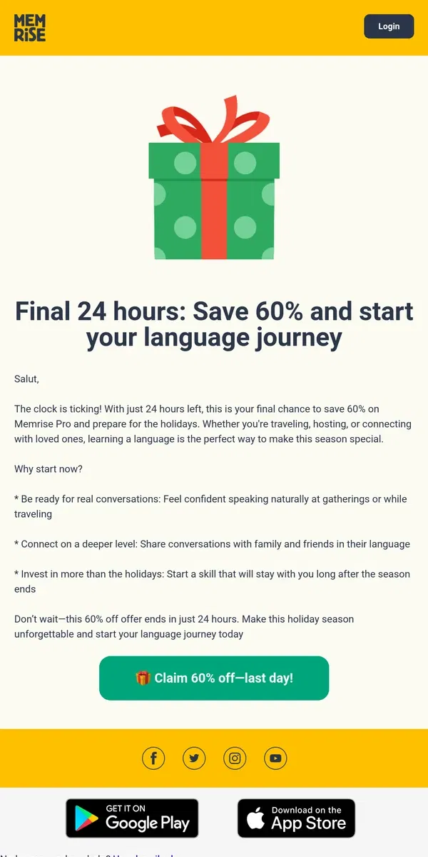 Email from Memrise. ⏰ 24 hours left to save 60% and get holiday-ready!