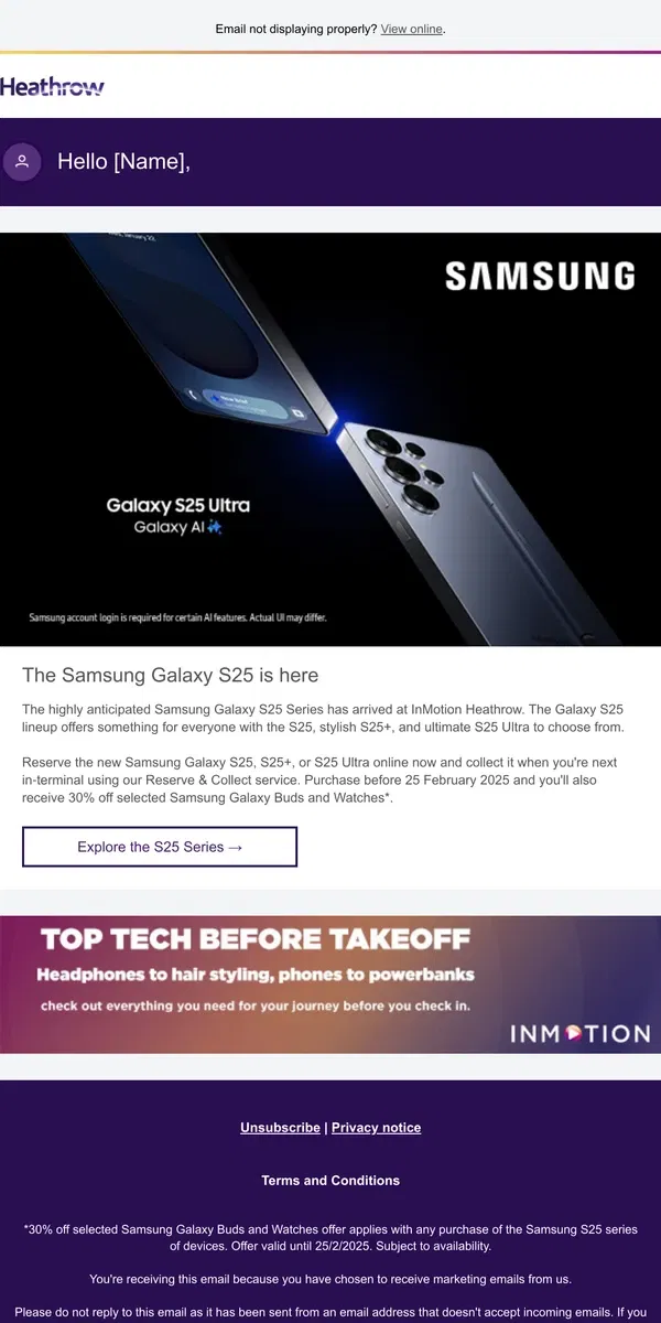 Email from Heathrow Airport. Discover the Samsung S25 Series