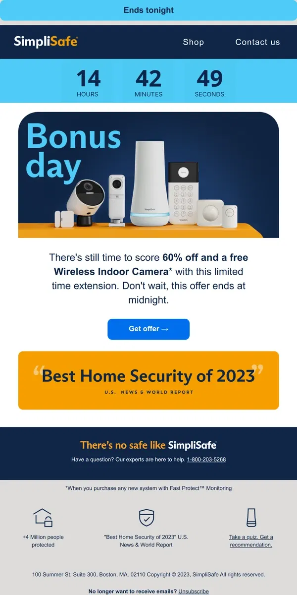 Email from SimpliSafe. Offer extended - it's your final chance to score big