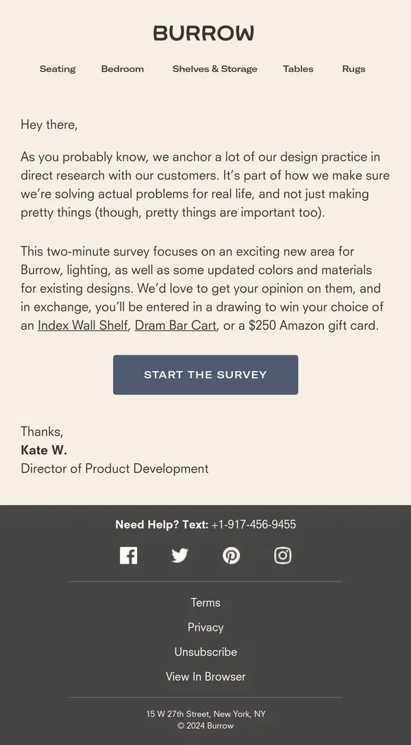 Email from Burrow. Calling all bright ideas: lighting and color survey