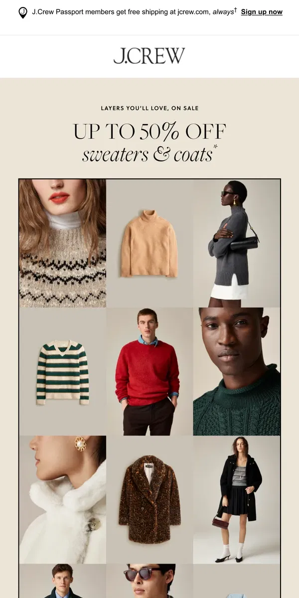 Email from J.Crew. Closet upgrade: up to 50% off sweaters & coats