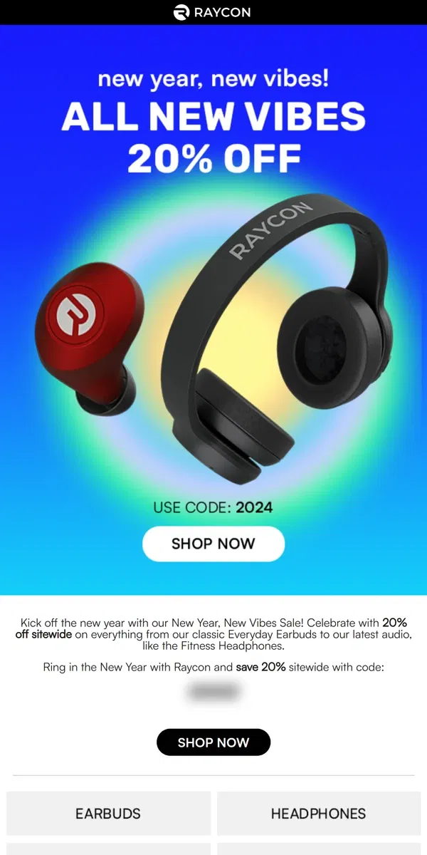 Email from Raycon. Get 20% off sitewide with our New Year's sale