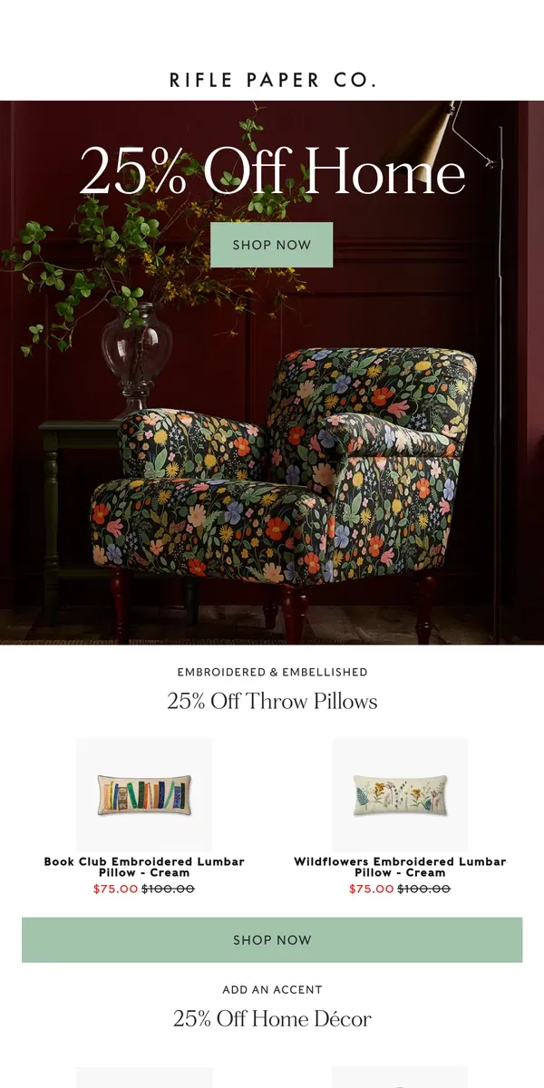 Email from Rifle Paper Co.. 25% off Home Decor & Furniture