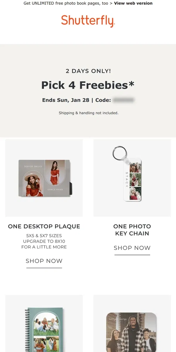 Email from Shutterfly. 💥 Claim your 4 FREE goodies with this code!