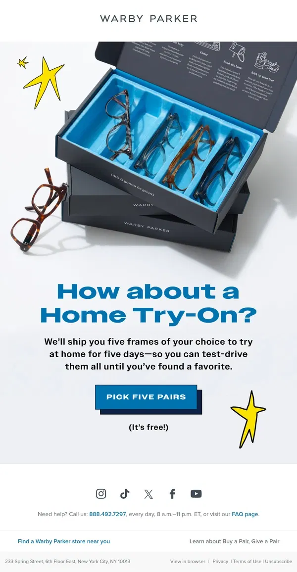 Email from Warby Parker. 5 frames. 5 days. Free trial.