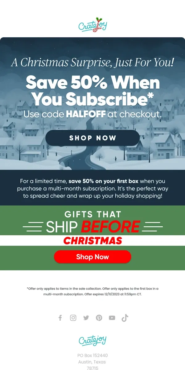 Email from Cratejoy. 🎄Time's Running Out: 50% Off Gifts!