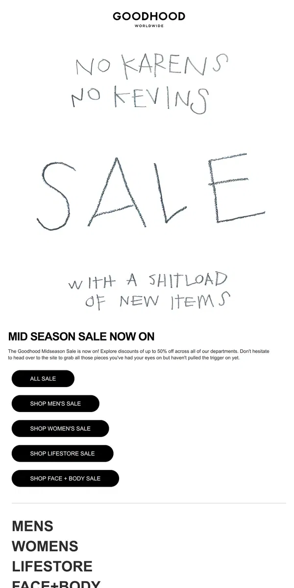 Email from Goodhood. Goodhood Sale - Explore the Midseason Sale with Markdowns up to 50%