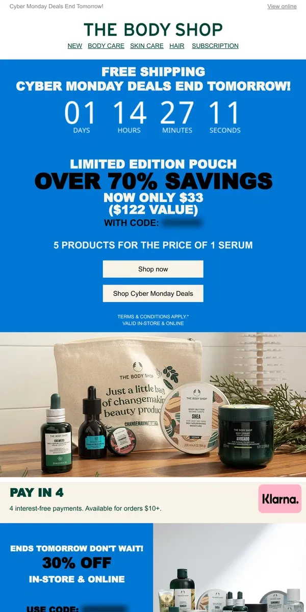 Email from The Body Shop. SAVE OVER 70% on our LIMITED EDITION Pouch