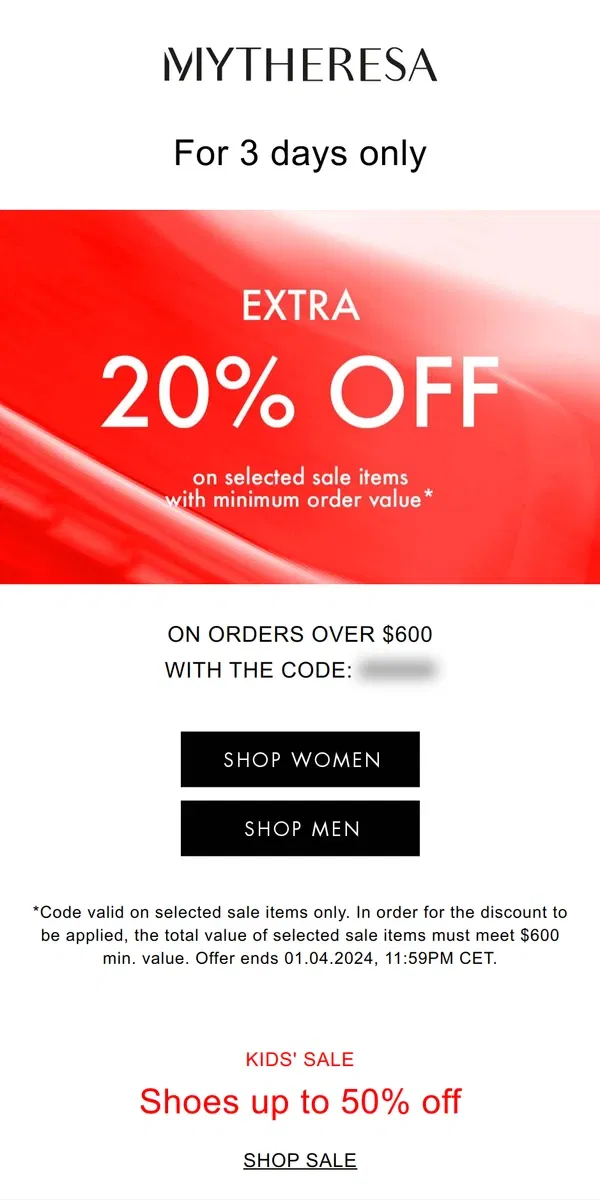 Email from Mytheresa. Extra 20% off selected sale items, for 3 days only