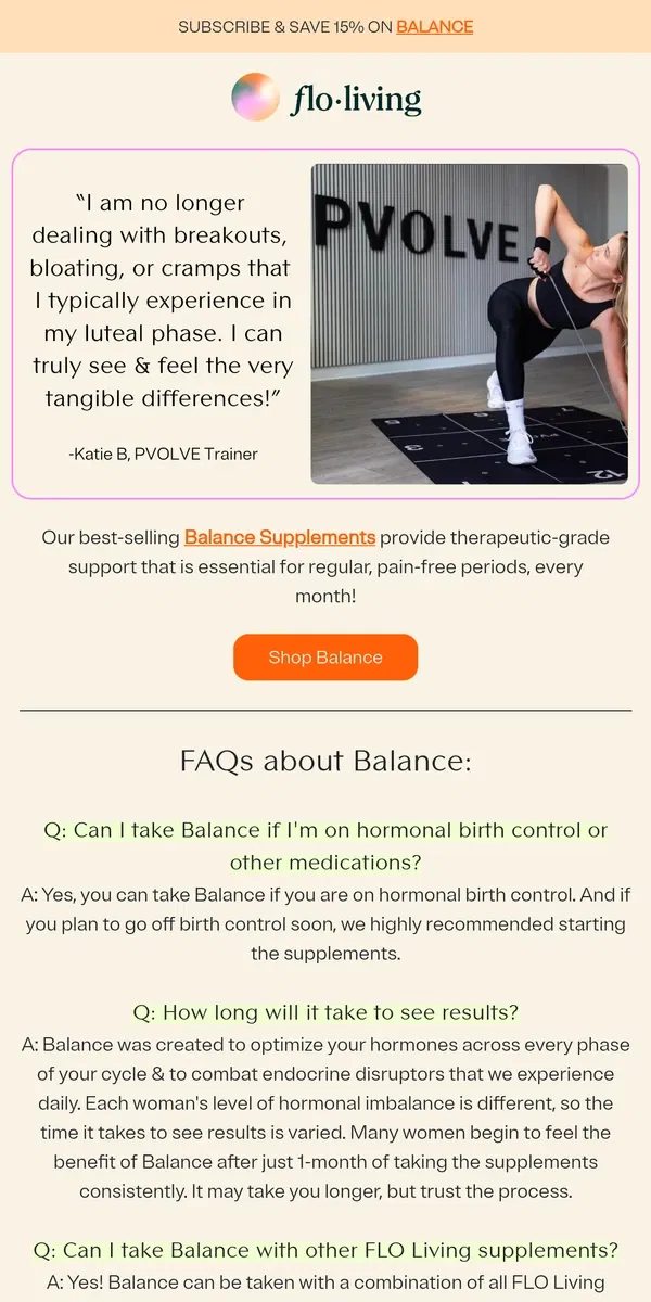 Email from FLO Living. A love letter to our bestseller: Balance 💊💘