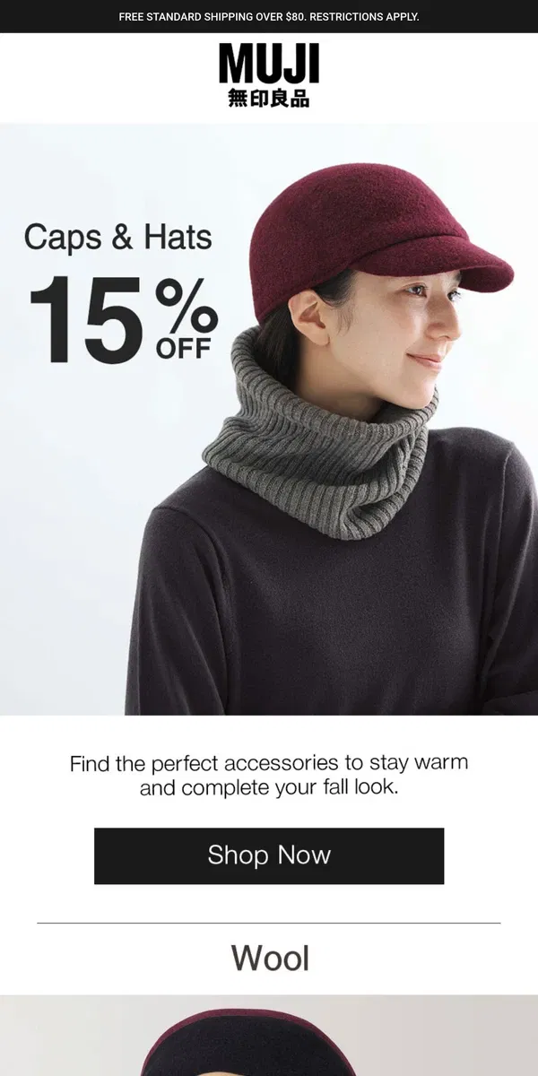 Email from MUJI. All hats & caps now 15% Off!