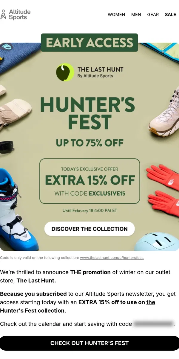 Email from Altitude Sports. Your early access to Hunter's Fest