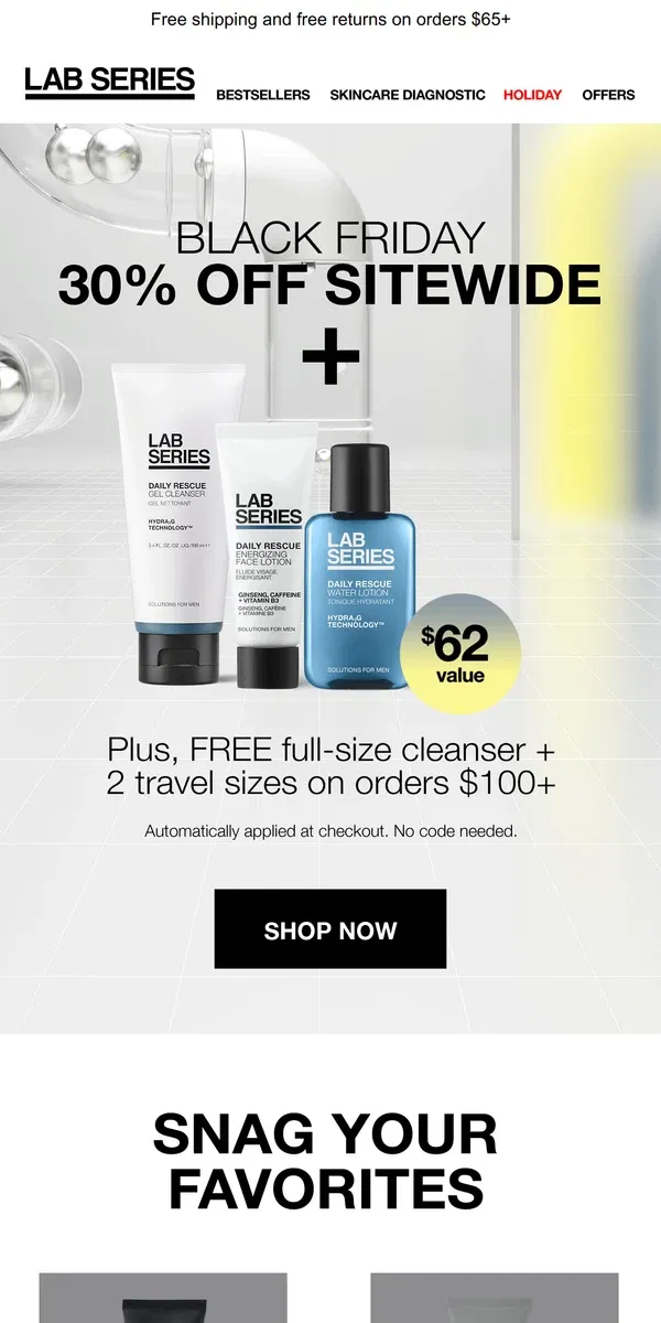 Email from Lab Series. 30% Off Everything, plus a FREE 3-Piece gift for you!