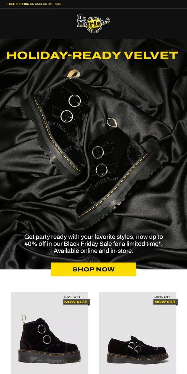 Email from Dr. Martens. Shop Velvet Black Friday Styles