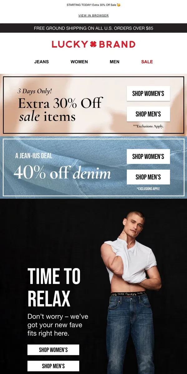 Email from Lucky Brand. 40% Off Denim Is Going On Now