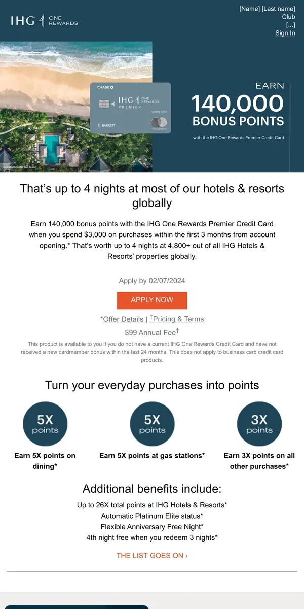 Email from IHG Hotels & Resorts. Earn 140K bonus points with the IHG One Rewards Premier 💳