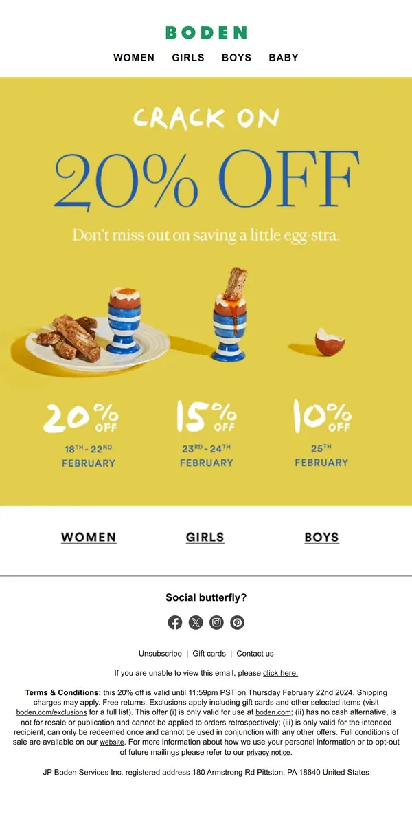 Email from Boden. 20% off starts today 🥚