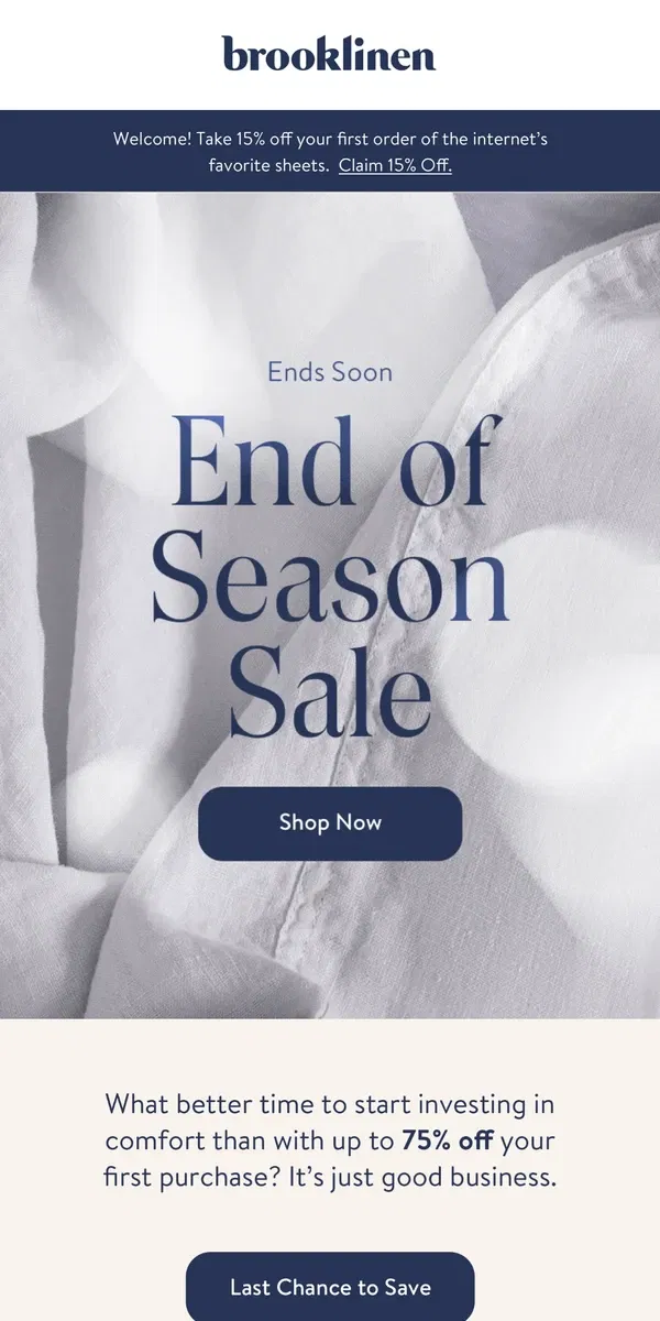 Email from Brooklinen. Goodbye, End of Season Sale