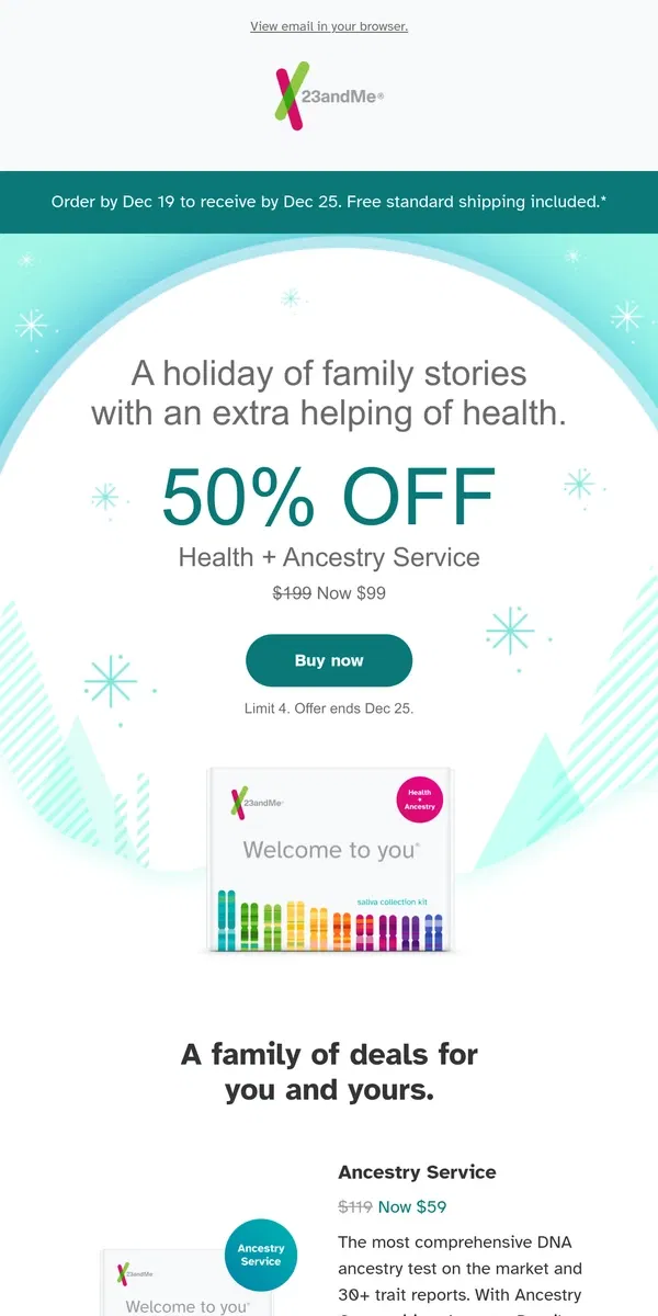 Email from 23andMe. 50% off family stories and future health