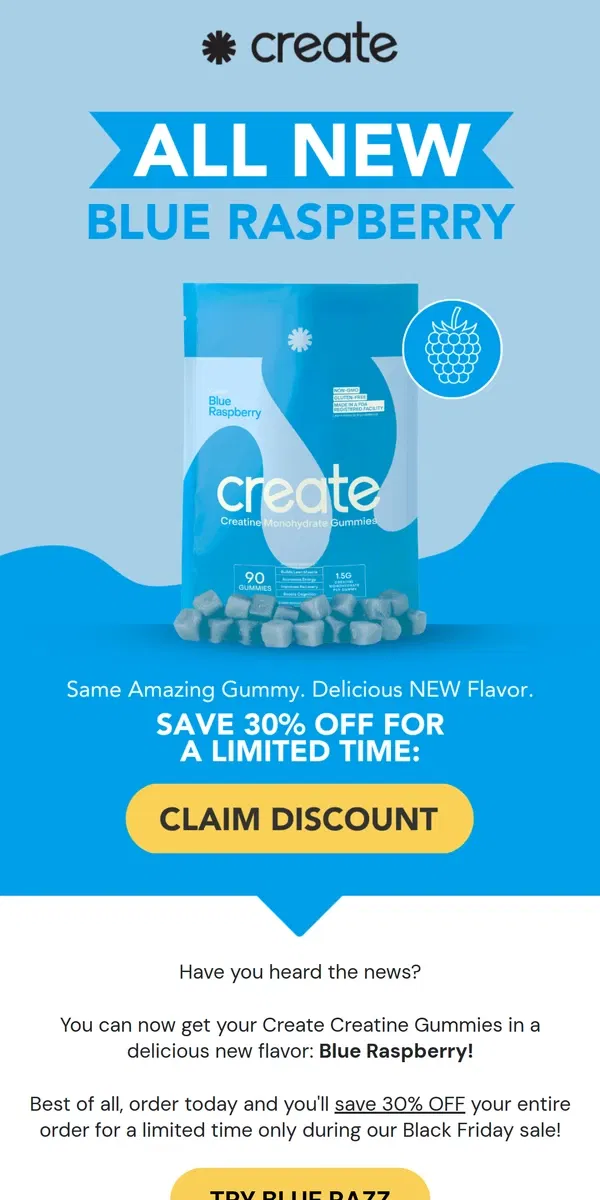 Email from Create Wellness. 🔵 BLUE RASPBERRY GUMMIES