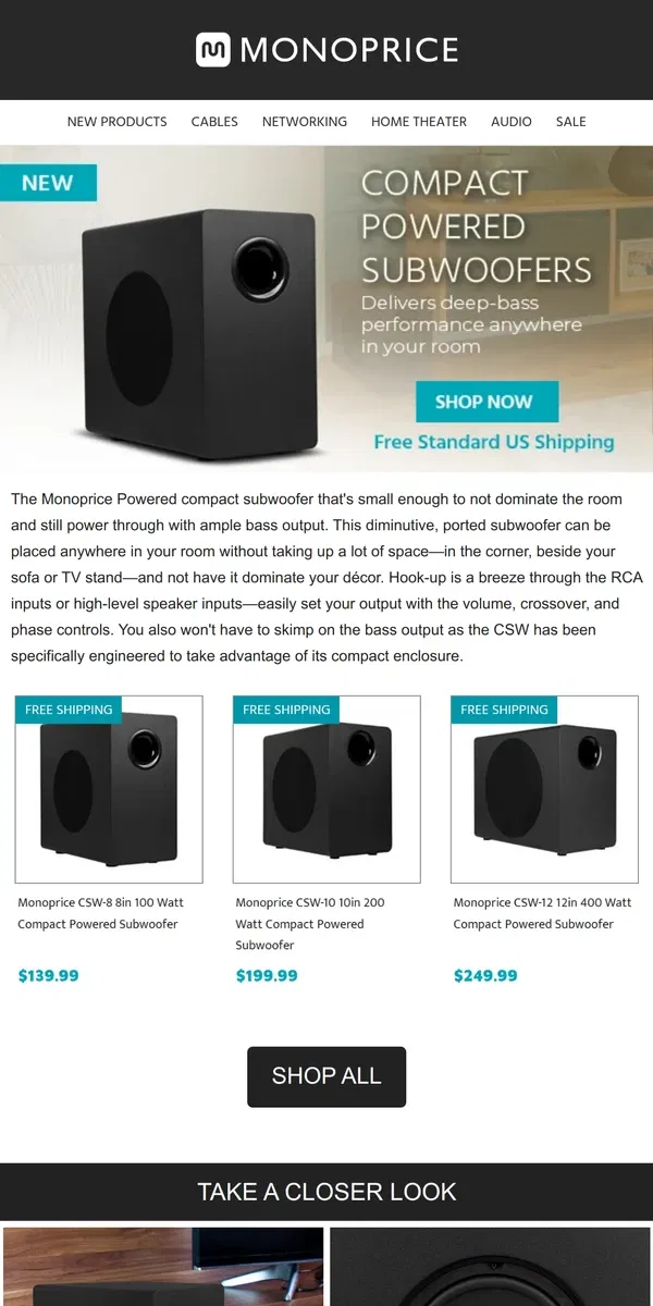 Email from Monoprice. NEW! Compact Powered Subwoofers