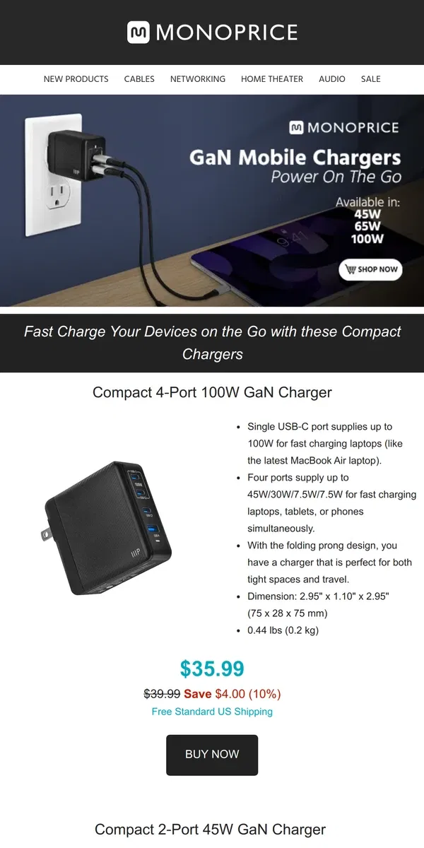 Email from Monoprice. NEW GaN Chargers for Your USB-C Devices!