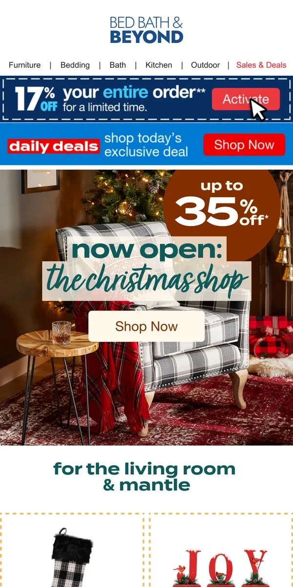 Email from Bed Bath & Beyond. Get into the Holiday Spirit – The Christmas Shop is OPEN! 🎅🎁