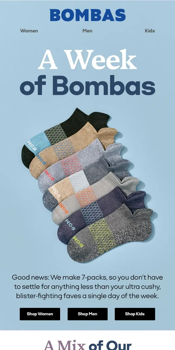 Email from Bombas. One Pack, Seven Days of Comfort