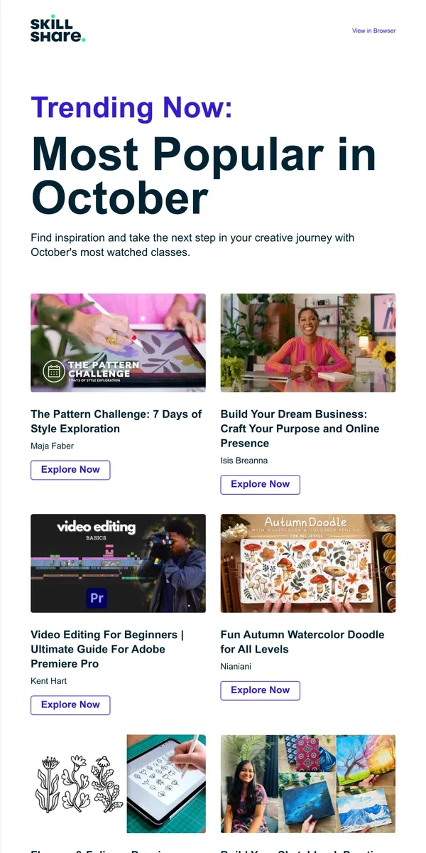 Email from Skillshare. October's Most Popular Classes