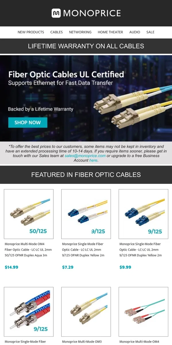 Email from Monoprice. Fiber Optic Cables | Our Top Picks & Helpful Resources Inside!