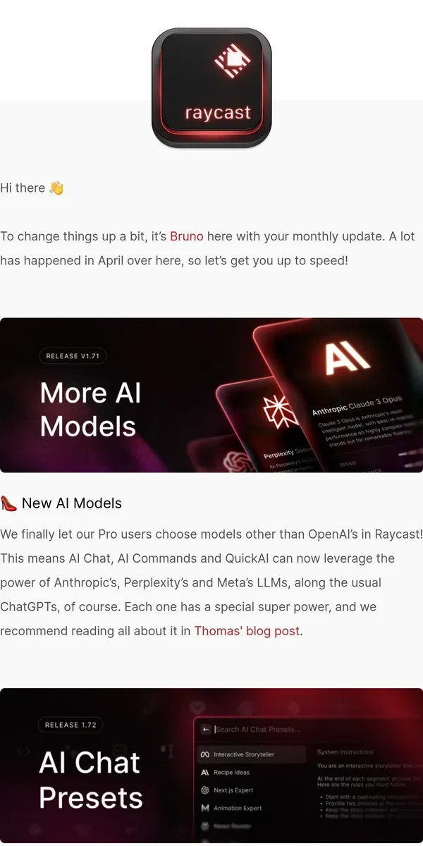 Email from Raycast. 👠 More AI Models, a revamped website and more