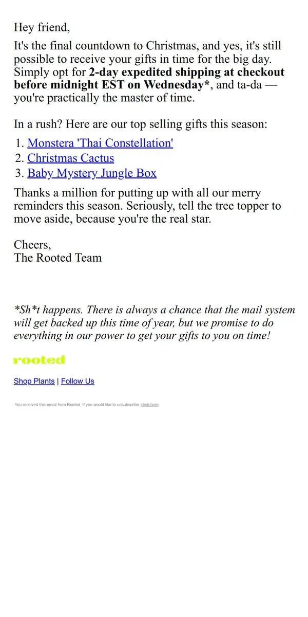 Email from Rooted. There's still time! 2-Day Shipping to the rescue 🦸