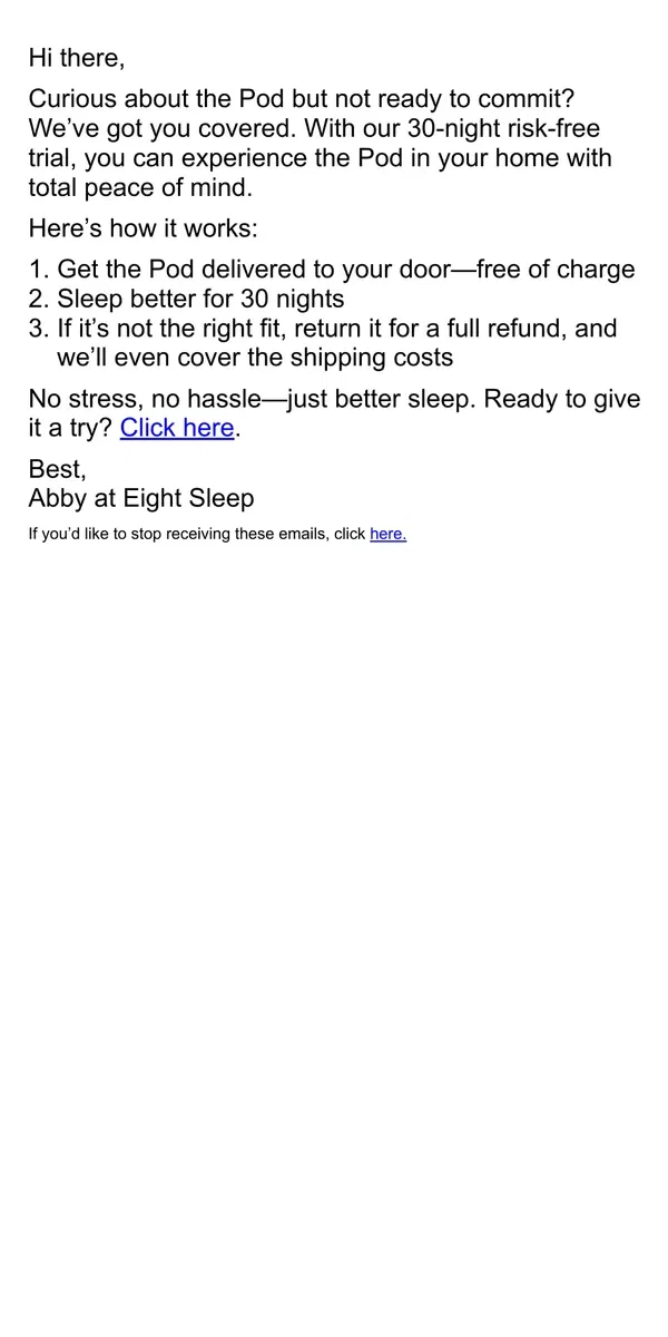 Email from Eight Sleep. Try the Pod risk-free for 30 nights