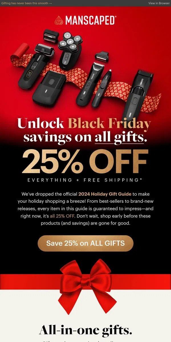 Email from MANSCAPED. Unlock Black Friday savings on all gifts