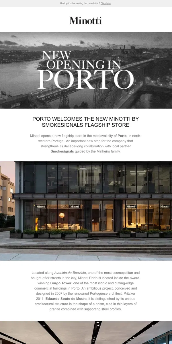 Email from MINOTTI. PORTO WELCOMES THE NEW MINOTTI BY SMOKESIGNALS FLAGSHIP STORE