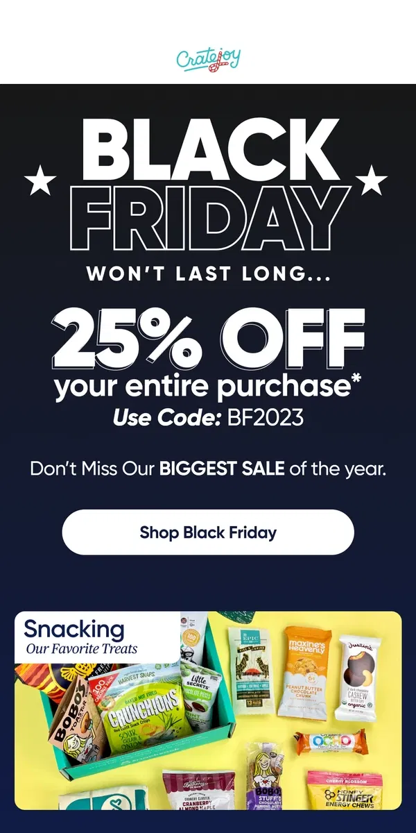 Email from Cratejoy. Black Friday Bonanza: Save 25%! 🎉