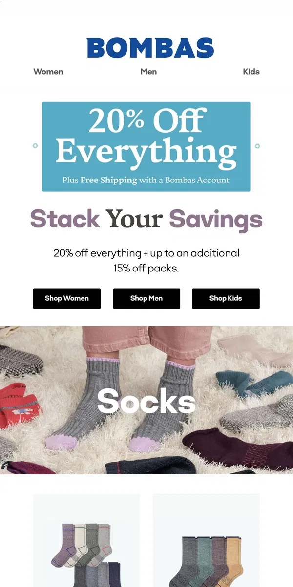 Email from Bombas. Surprise Sale + Extra 15% Off With Packs