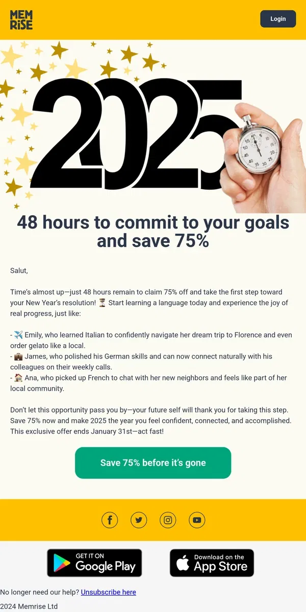 Email from Memrise. 🕰️ Only 48 hours left—don’t miss 75% off!