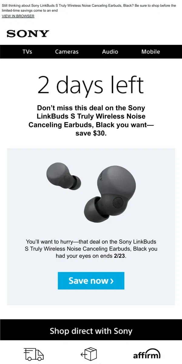 Email from Sony. Savings End Soon | Get What You Wanted for $30 Off