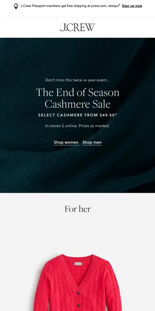 Email from J.Crew. This twice-a-year cashmere sale ends soon…