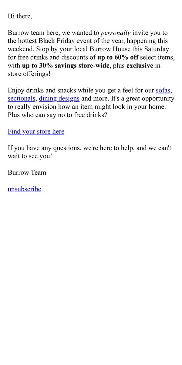 Email from Burrow. Black Friday Event at your local Burrow House