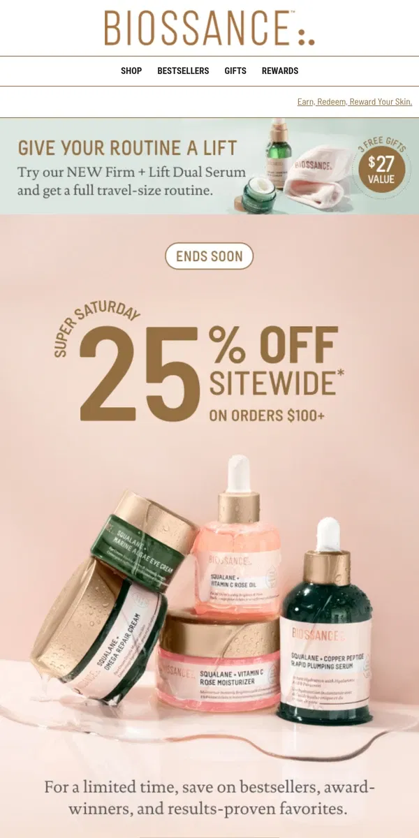 Email from Biossance. 2 days left! 25% off SITEWIDE