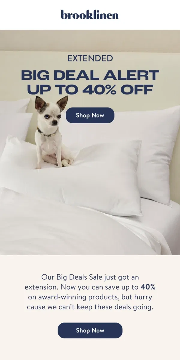 Email from Brooklinen. BIG DEALS EXTENDED!