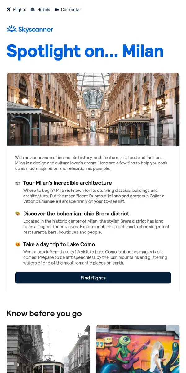 Email from Skyscanner. Do Milan like a local