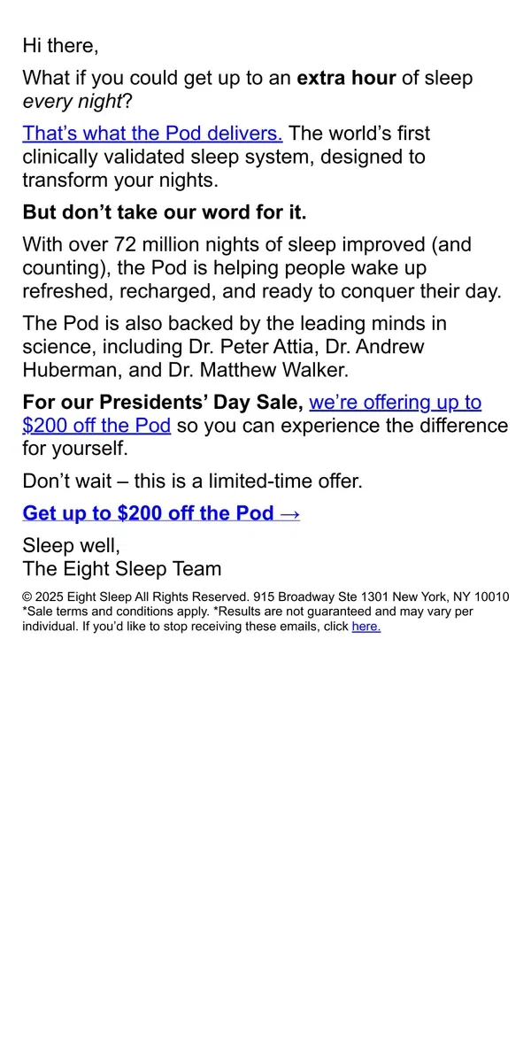 Email from Eight Sleep. Want an extra hour of sleep every night?