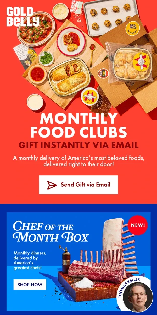 Email from Goldbelly. Monthly Food Clubs – Gift Instantly!🎁