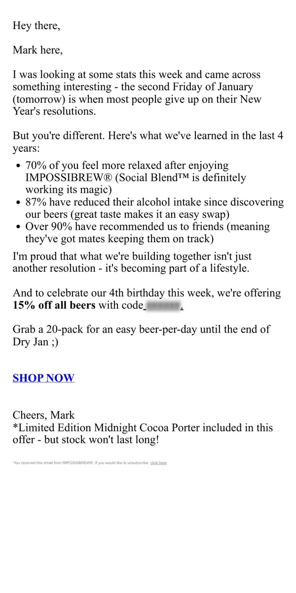 Email from IMPOSSIBREW. 15% for those staying strong…